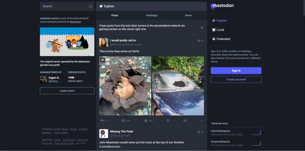 واجهة موقع mastodon