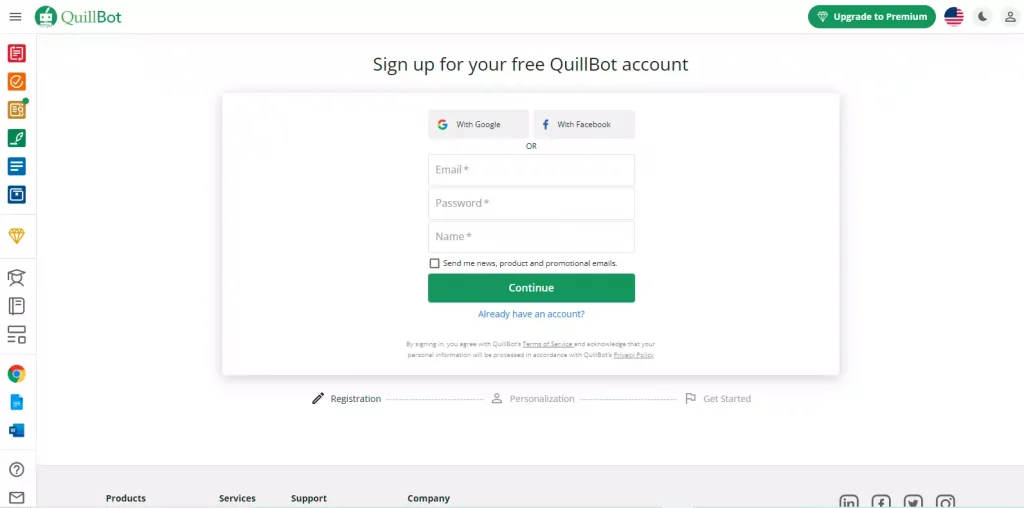 تسجيل حساب مع إضافة إعادة الصياغة QuillBot 